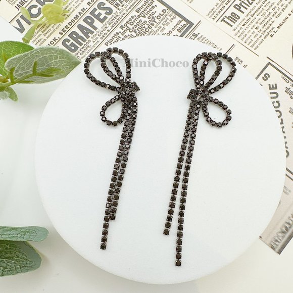 Black Rhinestone Bow Drop Earrings - Picture 3 of 6